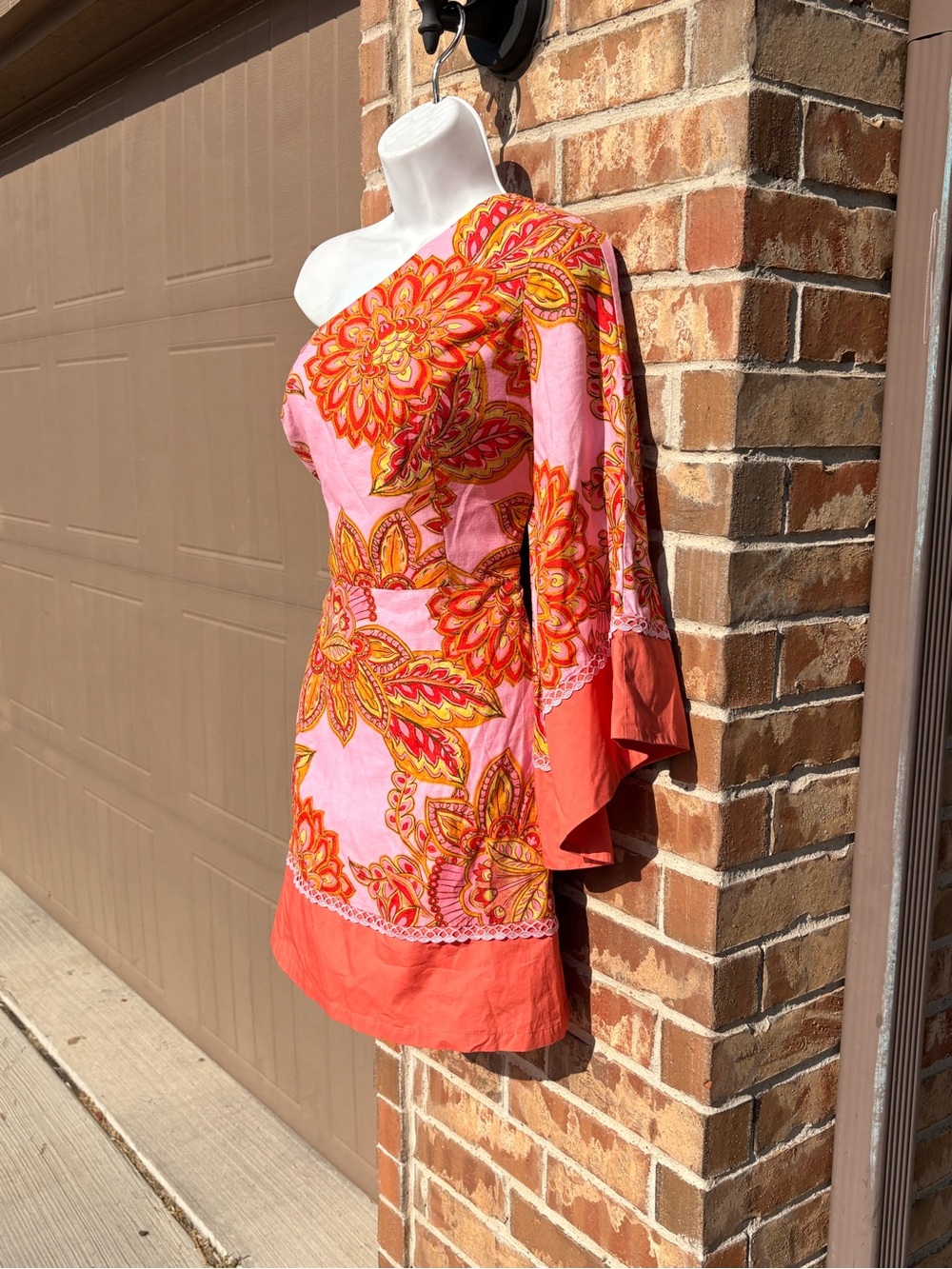 Adrianna Papell Pink One-Shoulder Floral Mini Dress with Coral Trim size 8 - Picture 6 of 11